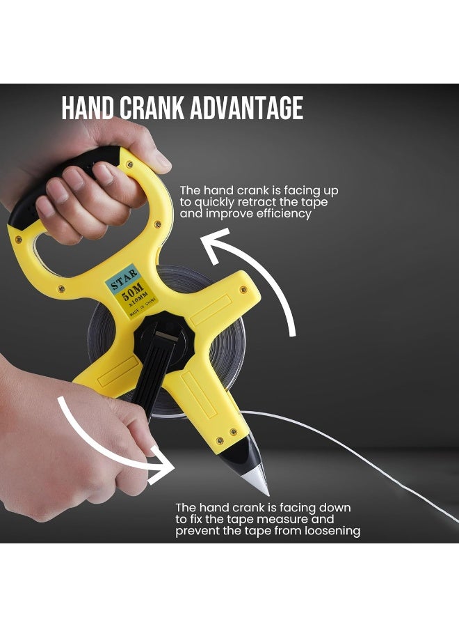 Star 50m Steel Measuring Tape Hand Crank Survey Tape 10mm Wide Alloy Steel Dual Scale Metric SAE Long Distance Measuring Tape ABS Ergonomic Handle Ground Spike Ring Hook for Construction Engineering Road Survey Farm Land Measurement Tool Outdoor Use - Image 4